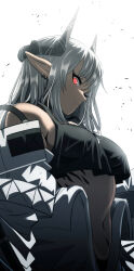 Rule 34 | 1girl, absurdres, arknights, backlighting, black sports bra, breasts, closed mouth, commentary, cowboy shot, demon horns, ear piercing, english commentary, from below, from side, glowing, glowing eyes, grey hair, highres, horns, jumpsuit, long hair, looking at viewer, looking down, material growth, medium breasts, mudrock (arknights), mudrock (elite ii) (arknights), navel, open jumpsuit, oripathy lesion (arknights), piercing, pointy ears, profile, red eyes, samacho, simple background, solo, sports bra, standing, white background, white jumpsuit