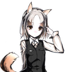 Rule 34 | 10s, 1girl, animal ears, arm behind back, brave witches, brown eyes, dress shirt, edytha rossmann, female focus, fox ears, fox tail, hand on own head, kamen rosso, long sleeves, military, military uniform, shirt, short hair, silver hair, simple background, solo, strike witches, tail, uniform, vest, white background, white shirt, world witches series