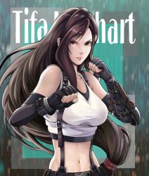 Rule 34 | 1girl, belt, belt buckle, black gloves, breasts, buckle, character name, clenched hands, collarbone, commentary request, crop top, elbow gloves, elbow pads, english text, fighting stance, final fantasy, final fantasy vii, fingerless gloves, fingernails, gloves, highres, large breasts, long hair, low-tied long hair, materia, midriff, navel, red eyes, serious, solo, suspenders, swept bangs, tank top, tifa lockhart, to-ru, upper body, white tank top