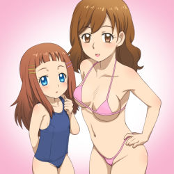 Rule 34 | 2girls, :d, :o, age difference, arm behind back, armpits, bikini, blue eyes, blue one-piece swimsuit, blunt bangs, blush, body blush, breasts, breasts apart, brown eyes, brown hair, child, cleavage, clenched hand, collarbone, commentary request, cowboy shot, flat chest, from side, gradient background, groin, hair ornament, hairclip, hand on own hip, hand on own chest, hoshino hina, kamisama minarai: himitsu no cocotama, large breasts, lipstick, long hair, looking at viewer, makeup, mature female, meow (nekodenki), micro bikini, multiple girls, navel, one-piece swimsuit, open mouth, pink background, pink bikini, school swimsuit, sideboob, smile, string bikini, swimsuit, underboob, yotsuba misato