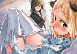 Rule 34 | 2girls, blonde hair, blue eyes, blush, brown hair, cigarette, ears down, elizabeth f. beurling, elma leivonen, embarrassed, gloves, green eyes, jacket, leather, leather jacket, light rays, long hair, looking at another, looking at viewer, military, military uniform, multiple girls, over shoulder, panties, panties under pantyhose, pantyhose, perspective, seikiounobuhiko, short hair, smoking, strike witches, strike witches: suomus misfits squadron, underwear, uniform, unworn pantyhose, white gloves, white panties, window, world witches series