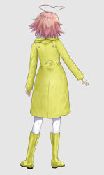Rule 34 | 1girl, absurdres, ahoge, aino heart, arcana heart, boots, coat, from behind, grey background, highres, knee boots, long sleeves, medium hair, memory (prophet5), pink hair, raincoat, rubber boots, solo, white legwear, yellow coat, yellow footwear