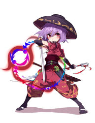 Rule 34 | 1girl, adapted costume, bad id, bad pixiv id, black footwear, black gloves, boots, bowl, bowl hat, dual wielding, elbow gloves, fingerless gloves, full body, gloves, hat, highres, holding, japanese clothes, katana, looking at viewer, multiple swords, needle, obi, purple hair, red eyes, sash, short hair, short sleeves, simple background, solo, sukuna shinmyoumaru, sword, tabi, touhou, wakizashi, weapon, white background, yudaoshan