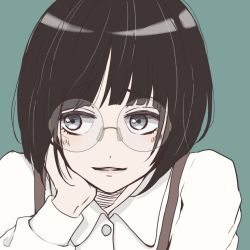 Rule 34 | 1other, androgynous, black hair, blunt bangs, bob cut, fay (jinrou judgment), fayfay fayfay, grey eyes, jinrou judgment, parted lips, round eyewear, shirt, short hair, smile, solo, suspenders