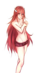 Rule 34 | 1girl, bad id, bad pixiv id, blush, cordelia (fire emblem), covering privates, fire emblem, fire emblem awakening, groin, long hair, monorus, nintendo, red eyes, red hair, simple background, smile, solo, topless, very long hair, white background
