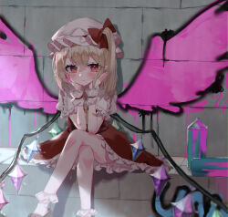 Rule 34 | 1girl, absurdres, ascot, bare legs, bat wings, blonde hair, blush, bow, crystal, crystal wings, flandre scarlet, frilled skirt, frilled sleeves, frills, graffiti, hat, hat bow, highres, mob cap, one side up, puffy short sleeves, puffy sleeves, red bow, red eyes, red skirt, red vest, short sleeves, sitting, skirt, skirt set, socks, solo, spray can, touhou, vest, wall, white socks, white wrist cuffs, wings, wrist cuffs, yellow ascot, yumeno ruruka