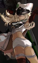 Rule 34 | 1girl, armpits, ass, bat wings, black background, blonde hair, breasts, cape, closed mouth, clover, dark-skinned female, dark skin, floating hair, found modori, four-leaf clover, from behind, guilty gear, guilty gear strive, hat, highres, huge weapon, long hair, looking at viewer, looking back, military hat, one eye covered, outstretched arm, peaked cap, ramlethal valentine, short shorts, shorts, skindentation, solo, sword, thick thighs, thigh strap, thighs, twisted torso, weapon, white cape, white hat, wind, wind lift, wings, yellow eyes