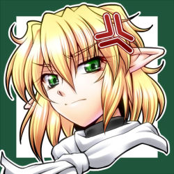 Rule 34 | 1girl, anger vein, blonde hair, closed mouth, commentary request, green background, green eyes, hair between eyes, looking at viewer, lowres, mizuhashi parsee, ootsuki wataru, pointy ears, portrait, scarf, short hair, solo, touhou, two-tone background, white background, white scarf
