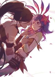 Rule 34 | 2girls, absurdres, bare shoulders, blue hair, breasts, brown hair, colored skin, detached sleeves, earrings, flower, green skin, hair flower, hair ornament, highres, jewelry, league of legends, long hair, looking at another, medium hair, multicolored hair, multiple girls, navel, neeko (league of legends), nidalee, open mouth, ponytail, purple hair, red flower, reptile girl, ruan chen yue, sharp teeth, stomach, tail, tearing up, teeth