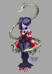 Rule 34 | 1girl, black hair, black skirt, breasts, cleavage, colored skin, commentary, detached sleeves, full body, hair over one eye, highres, leviathan (skullgirls), long skirt, purple skin, red eyes, side ponytail, signature, skirt, skullgirls, sleeves past fingers, sleeves past wrists, small breasts, socks, solo, squigly (skullgirls), stitched mouth, stitches, striped clothes, striped sleeves, striped socks, the golden smurf, wide hips