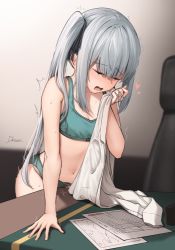 Rule 34 | 1girl, black ribbon, bra, breasts, closed eyes, clothed masturbation, crotch rub, desk, driftkingtw, female masturbation, green bra, green panties, grey hair, hair ribbon, holding, holding clothes, holding shirt, kantai collection, kasumi (kancolle), long hair, masturbation, masturbation through clothes, navel, open mouth, panties, pussy juice, ribbon, shirt, side ponytail, small breasts, solo, table humping, trembling, underwear, underwear only