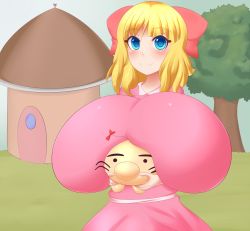 Rule 34 | 1girl, between breasts, blonde hair, blue eyes, blush, breast rest, breasts, gigantic breasts, hair ribbon, highres, jcdr, mother (game), mother 2, nintendo, outdoors, paula (mother 2), ribbon, smile, standing