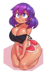 Rule 34 | 1girl, alternate breast size, artist request, ass, blue eyes, breast press, breasts, breasts squeezed together, check artist, creatures (company), curvy, dark-skinned female, dark skin, game freak, hands on own knees, highres, large breasts, looking to the side, nintendo, no bra, pokemon, pokemon xy, purple hair, shiny skin, short shorts, shorts, simple background, sina (pokemon), smile, solo, third-party source, wide hips, zapklink