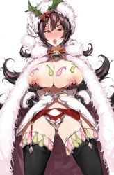Rule 34 | 1girl, armor, armored dress, bell, black hair, black thighhighs, blush, breasts, breasts out, cape, character request, choker, christmas, commentary, condom, condom belt, condom in clothes, condom thigh strap, copyright request, dress, drooling, etchi inoha sukidesuka, flipped hair, full-face blush, fur cape, fur hat, garter belt, garter straps, hair ornament, half-closed eyes, hands on own hips, hat, highres, holly hair ornament, huge breasts, ilya (christmas) (princess connect!), ilya (princess connect!), impossible clothes, impossible dress, jingle bell, long hair, messy hair, multiple condoms, navel, neck bell, nipple piercing, nipple rings, nipples, open mouth, piercing, red eyes, red garter belt, revealing clothes, ribbon choker, solo, symbol-only commentary, thighhighs, thighs, tongue, tongue out, used condom, very long hair, white hat