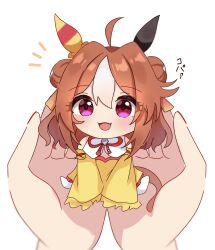 Rule 34 | 1girl, absurdres, ahoge, animal ears, blush, chibi, commentary request, copano rickey (umamusume), detached sleeves, double bun, fang, hair bun, highres, horse ears, horse girl, looking at viewer, medium hair, melonpan (d 5536), open mouth, pov, pov hands, red eyes, simple background, solo focus, umamusume, white background