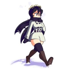 Rule 34 | 1girl, belt, black hair, black thighhighs, boots, breasts, coat, covered mouth, filia (skullgirls), fupoo, knee boots, large breasts, long hair, mittens, red eyes, samson (skullgirls), scarf, skullgirls, snow, snowing, solo, thighhighs, winter clothes, winter coat