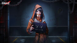 Rule 34 | 1girl, against wall, black hair, chain, character name, copyright name, covered mouth, hand up, highres, holding, holding sign, hood, hood up, hooded jacket, indoors, jacket, k.k. (path to nowhere), logo, long sleeves, looking at viewer, medium hair, mugshot, official art, official wallpaper, orange jacket, orange shirt, path to nowhere, prison cell, prison clothes, shirt, sign, solo, turtleneck shirt, upper body, wristlet