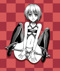 Rule 34 | 1girl, bdsm, bondage, bound, breasts, checkered background, collar, fish.boy, harness, looking at viewer, monochrome, navel, open mouth, short hair, small breasts, solo, spreader bar, thighhighs