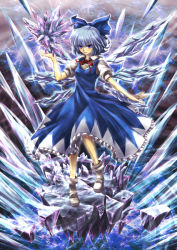 Rule 34 | 1girl, blue dress, blue eyes, blue hair, bow, cirno, dress, en-4598, hair bow, ice, ice crystal, ice wings, matching hair/eyes, puffy sleeves, shirt, short sleeves, solo, touhou, wings