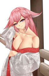 Rule 34 | 1girl, absurdres, alternate costume, animal ears, bare shoulders, breasts, casperrin, cleavage, collarbone, commentary, eyeshadow, floral print, fox ears, genshin impact, head tilt, highres, japanese clothes, kimono, large breasts, long hair, looking at viewer, makeup, off shoulder, pink hair, pink lips, purple eyes, smile, solo, upper body, white background, white kimono, yae miko