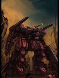 Rule 34 | bottoms1237, dust, glowing, glowing eyes, green eyes, gun, highres, holding, holding gun, holding weapon, looking up, mecha, no humans, open hand, original, robot, science fiction, shoulder cannon, solo, weapon