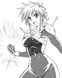 Rule 34 | 1girl, allenby beardsley, bodysuit, bow, breasts, clenched hand, clenched hands, g gundam, greyscale, gundam, medium breasts, mobile trace suit, monochrome, open mouth, simple background, solo, suta furachina