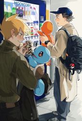 Rule 34 | 2boys, aged up, backpack, bag, baseball cap, blue oak, blush, bottle, brown hair, can, charmander, closed mouth, coat, commentary request, creatures (company), fire, game freak, gen 1 pokemon, green sweater, hat, highres, holding, holding pokemon, looking down, male focus, multiple boys, nintendo, orange hair, pants, poke ball, poke ball (basic), pokemon, pokemon (creature), pokemon rgby, pokemon sm, red (pokemon), shoes, smile, sneakers, spiked hair, squirtle, sweater, tokeru, vending machine, watch, wristwatch