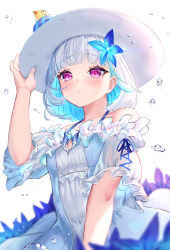 Rule 34 | 1girl, blue dress, blue hair, blue ribbon, blunt bangs, blush, bob cut, bra strap, closed mouth, colored inner hair, commentary request, dress, hand on headwear, hat, highres, lize helesta, looking at viewer, multicolored hair, nijisanji, off-shoulder dress, off shoulder, purple eyes, ribbon, rubber duck, short hair, short sleeves, silver hair, simple background, solo, sparkle, sun hat, suraimu (suraimuraimu), two-tone hair, upper body, virtual youtuber, water drop, white background, white hat