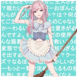 Rule 34 | 1girl, apron, arm up, text background, bare arms, blue background, blue eyes, blue hairband, blue shirt, blue skirt, blush, breasts, broom, chisumi, collared shirt, commentary request, cross, cross necklace, dress shirt, frilled apron, frilled skirt, frills, hairband, highres, holding, holding broom, holding tray, jewelry, long hair, maid, mole, mole under eye, navel, necklace, original, parted lips, pink hair, pleated skirt, shirt, sidelocks, skirt, small breasts, smile, solo, translation request, tray, two side up, underbust, waist apron, white apron, white shirt