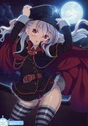 Rule 34 | 10s, 1girl, absurdres, arms up, belt, black hat, hat, high school fleet, highres, long hair, looking at viewer, military, military uniform, moon, necktie, night, orange eyes, outdoors, ozawa akifumi, red necktie, silver hair, solo, striped clothes, striped thighhighs, thea kreutzer, thighhighs, uniform