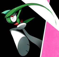 Rule 34 | 1boy, arm up, black background, closed mouth, colored skin, creatures (company), feet, from below, from side, gallade, game freak, gen 4 pokemon, green hair, green skin, hair over one eye, jumping, leg up, looking to the side, lotosu, male focus, mohawk, multicolored hair, multicolored skin, nintendo, pokemon, pokemon (creature), red eyes, short hair, simple background, solo, two-tone hair, two-tone skin, white skin, wide-eyed