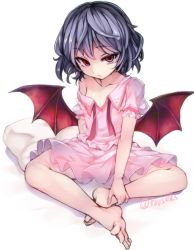 Rule 34 | 1girl, barefoot, bat wings, blue hair, collarbone, commentary request, feet, full body, hands on feet, looking at viewer, off shoulder, pillow, pink skirt, red eyes, remilia scarlet, short hair, short sleeves, simple background, sitting, skirt, solo, toes, touhou, tousen, twitter username, white background, wings