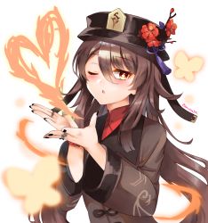 Rule 34 | 1girl, ;o, bead bracelet, beads, black hat, black nails, blowing kiss, blush, bracelet, brown hair, bug, butterfly, china dress, chinese clothes, dress, fingernails, fire, flower, flower-shaped pupils, genshin impact, hat, hat flower, heart, highres, hu tao (genshin impact), insect, jewelry, lemon t, long fingernails, long hair, long sleeves, looking at viewer, multiple rings, nail polish, one eye closed, parted lips, pyrokinesis, red eyes, red flower, ring, simple background, solo, symbol-shaped pupils, tassel, twitter username, upper body, white background