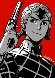 Rule 34 | 1boy, argyle, argyle clothes, argyle sweater, closed mouth, finger on trigger, guido mista, gun, handgun, hat, highres, holding, holding gun, holding weapon, jojo no kimyou na bouken, kotatsu (g-rough), long sleeves, looking at viewer, male focus, red background, revolver, signature, simple background, sketch, smile, solo, sweater, vento aureo, weapon