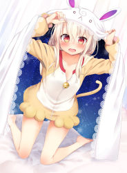 Rule 34 | 1girl, arm support, bad id, bad pixiv id, barefoot, bell, cat tail, collarbone, fate/stay night, fate (series), hair between eyes, illyasviel von einzbern, kneeling, long hair, open mouth, partially unzipped, red eyes, sasahara wakaba, silver hair, solo, tail