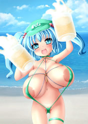 Rule 34 | 1girl, areola slip, beach, blue eyes, blue hair, blush, breasts, cloud, gradient background, huge breasts, inverted nipples, kawashiro nitori, large areolae, matching hair/eyes, nipples, ocean, open mouth, outdoors, sky, slingshot swimsuit, smile, solo, swimsuit, thigh strap, touhou, wontam