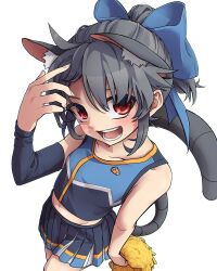 Rule 34 | 1girl, :d, absurdres, adapted costume, alternate hairstyle, animal ear fluff, animal ears, bare shoulders, blush, cheerleader, collarbone, extra ears, fingernails, flat chest, from above, grey hair, groin, hand up, happy, highres, kusiyan, looking at viewer, midriff, mouse ears, mouse tail, navel, nazrin, open mouth, petite, pom pom (cheerleading), ponytail, red eyes, short hair, smile, solo, tail, teeth, touhou, upturned eyes