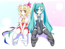 Rule 34 | 2girls, aqua hair, bare shoulders, between legs, black legwear, blonde hair, crossover, detached sleeves, eye contact, feet, flandre scarlet, hand between legs, hatsune miku, highres, long hair, looking at another, multiple girls, no shoes, oouso, red eyes, sitting, smile, socks, thighhighs, touhou, twintails, v arms, very long hair, vocaloid, wallpaper, white legwear, wings
