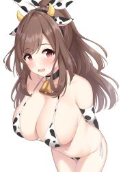 Rule 34 | 1girl, :o, animal ears, animal print, arms behind back, bare shoulders, bell, bikini, blush, breasts, brown hair, choker, cleavage, collar, covered erect nipples, cow ears, cow girl, cow horns, cow print, cowbell, elbow gloves, gloves, hair ribbon, hairband, helloet11, highres, horns, idolmaster, idolmaster shiny colors, large breasts, leaning forward, looking at viewer, navel, neck bell, open mouth, ponytail, red eyes, ribbon, solo, sweat, swimsuit, thighs, tsukioka kogane, white background