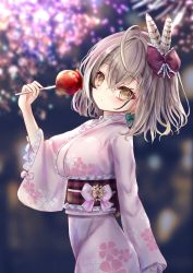 Rule 34 | 1girl, absurdres, ahoge, blurry, braid, braided bangs, brown eyes, brown hair, candy apple, depth of field, dot mouth, feather hair ornament, feathers, fireworks, floral print, food, hair ornament, hair ribbon, highres, hololive, hololive english, japanese clothes, kimono, looking at viewer, megts0331, multicolored hair, nanashi mumei, print kimono, ribbon, short hair, streaked hair, virtual youtuber, wide sleeves, yukata