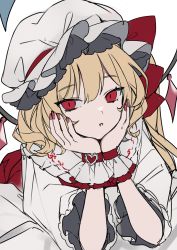 Rule 34 | 1girl, absurdres, bed, blonde hair, bow, closed mouth, collar, collared shirt, crystal, daimaou ruaeru, dress, flandre scarlet, frills, hair between eyes, hands on own face, hands up, hat, hat bow, heart, highres, jewelry, lying, mob cap, nail polish, one eye closed, puffy short sleeves, puffy sleeves, red bow, red dress, red eyes, red nails, shirt, short hair, short sleeves, simple background, solo, touhou, white background, white hat, white shirt, wings, wrist cuffs