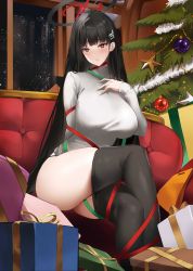 Rule 34 | absurdres, black hair, black pantyhose, blue archive, bound, box, christmas, christmas present, christmas tree, clothes pull, couch, crossed legs, gift, gift box, hair ornament, hairclip, halo, hand on own chest, highres, long hair, nevin (flyskying), pantyhose, pantyhose pull, red eyes, ribbon, ribbon bondage, rio (blue archive), sitting, sweater, thighs, turtleneck, turtleneck sweater