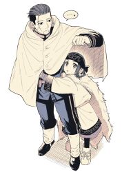 Rule 34 | ..., 1boy, 1girl, ainu clothes, asirpa, cloak, commentary request, facial hair, facial scar, goatee, golden kamuy, greyscale, hachi (hachin0124), hair slicked back, headband, height difference, highres, hug, hug from behind, monochrome, ogata hyakunosuke, scar, scar on cheek, scar on face, spoken ellipsis, undercut