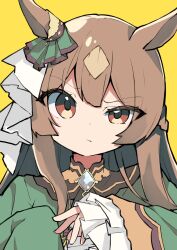 Rule 34 | 1girl, :/, absurdres, animal ears, bow, braid, brown eyes, brown hair, commentary, dress, ear ribbon, green dress, hand up, highres, horse ears, horse girl, long hair, looking at viewer, portrait, sasakungoodsize, satono diamond (umamusume), simple background, sleeves past fingers, sleeves past wrists, solo, umamusume, uneven eyes, v-shaped eyebrows, yellow background