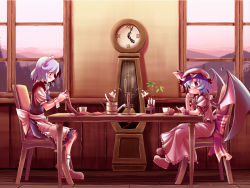 Rule 34 | 2girls, chair, head rest, clock, dress, female focus, grandfather clock, hat, indoors, izayoi sakuya, knitting, maid, multiple girls, remilia scarlet, skirt, sky, string, string of fate, table, takahero, touhou, wings