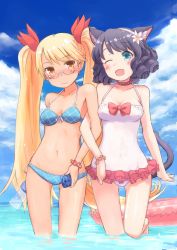 Rule 34 | 10s, 2girls, ;d, animal ears, bikini, black hair, blonde hair, blue eyes, blush, bottle, bow, breasts, cat ears, cat tail, cellphone, cleavage, collar, covered navel, curly hair, cyan (show by rock!!), dark-skinned female, dark skin, dog tail, fang, flower, glasses, gradient background, hair flower, hair ornament, hair ribbon, innertube, kokotetsu, long hair, looking at viewer, md5 mismatch, medium breasts, multiple girls, navel, one-piece swimsuit, one eye closed, open mouth, phone, retoree (show by rock!!), revision, ribbon, short hair, show by rock!!, smile, swim ring, swimsuit, tail, twintails, very long hair, wading, water bottle, yellow eyes, yuri