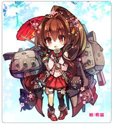 Rule 34 | 10s, 1girl, bare shoulders, brown hair, cannon, chibi, cis (carcharias), hair ornament, kantai collection, long hair, looking at viewer, oil-paper umbrella, open mouth, personification, ponytail, skirt, smile, solo, umbrella, yamato (kancolle)