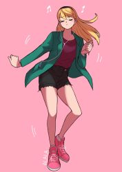Rule 34 | 1girl, alternate costume, animification, blonde hair, closed eyes, commentary, earbuds, earphones, full body, gwen stacy, hair ornament, headband, highres, long hair, marvel, musical note, pink background, short shorts, shorts, simple background, solo, spider-man (series), standing, sushi pizza rrr