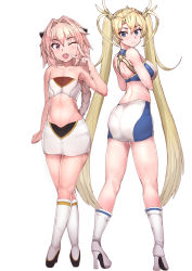 Rule 34 | 1boy, 1girl, ass, astolfo (fate), bad id, bad pixiv id, bare shoulders, blonde hair, blue eyes, boots, bradamante (fate), braid, collarbone, cousins, crossed legs, fang, fate/grand order, fate (series), from behind, full body, hair intakes, halterneck, high heel boots, high heels, highres, knee boots, long hair, looking at viewer, looking back, midriff, miniskirt, navel, one eye closed, open mouth, pink eyes, pink hair, shoulder blades, sikijou77o, single braid, skirt, trap, twintails, v, very long hair, watson cross, white background