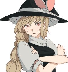 Rule 34 | 1girl, black hat, black vest, bow, braid, braided ponytail, breasts, brown eyes, crossed arms, grey shirt, hat, hat bow, highres, kirisame marisa, light frown, long hair, looking at viewer, mesuosushi, parted lips, puffy sleeves, shirt, simple background, single sidelock, small breasts, solo, sweatdrop, touhou, upper body, vest, white background, witch hat